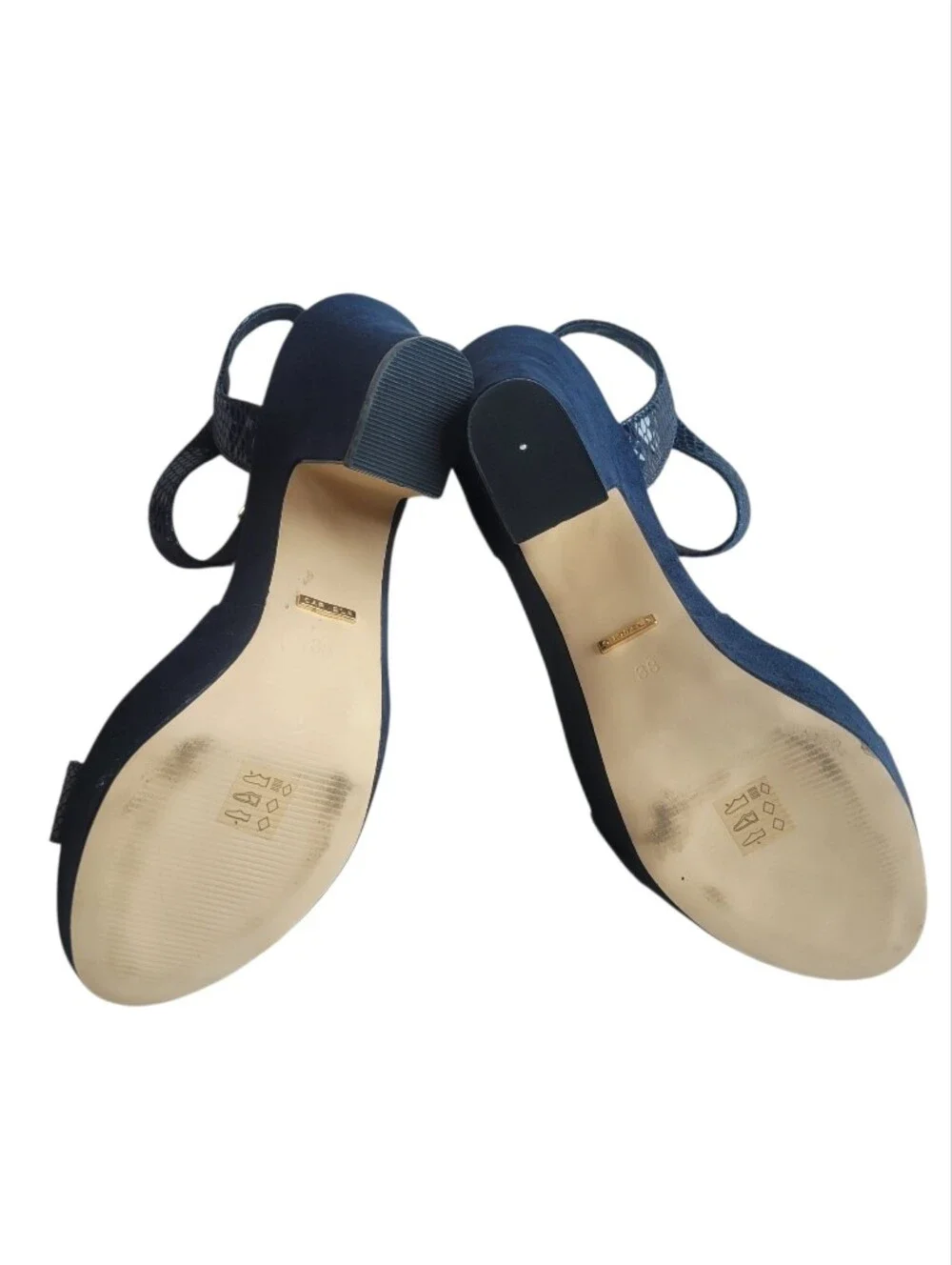 NWOT Carvela Kurt Geiger Navy Blue Platform Sandals Gold Buckle